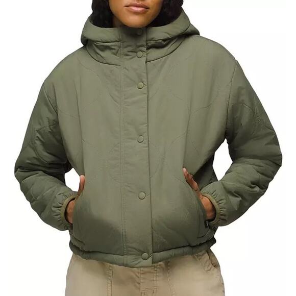 Prana Encinitas Jacket Women's XS Rye Green Quilted Sherpa Fleece Lining Hooded - Picture 1 of 9